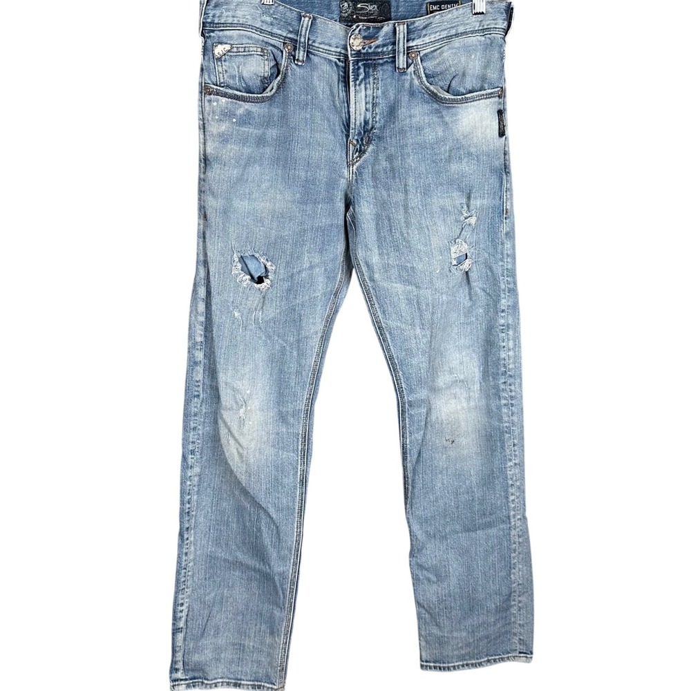 Silver Jeans Co Eddie Mens 32x34 Light Wash Relaxed Fit Distressed Denim Jeans